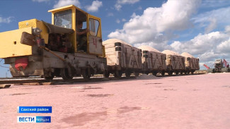 Сбор соли начался на розовом озере в Крыму