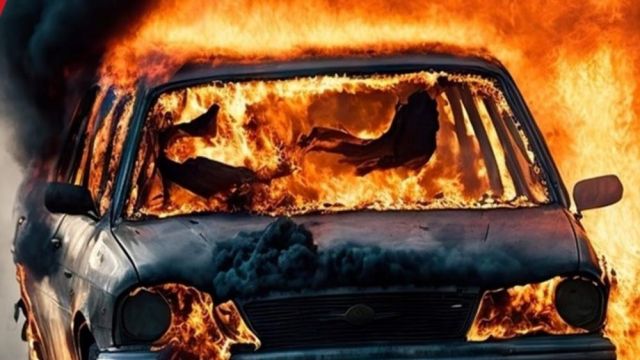 Горящий автомобиль поджёг сухую траву под Симферополем